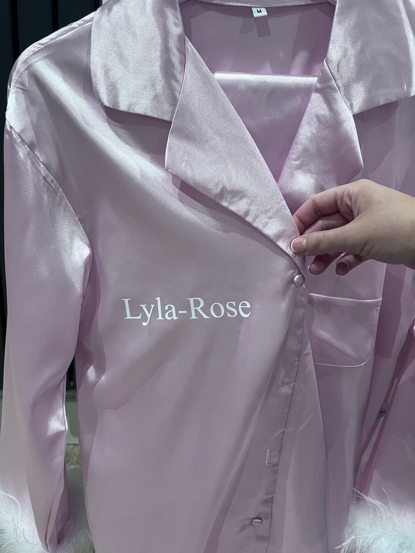 Personalised Long Sleeve Feathered Satin PJS Set