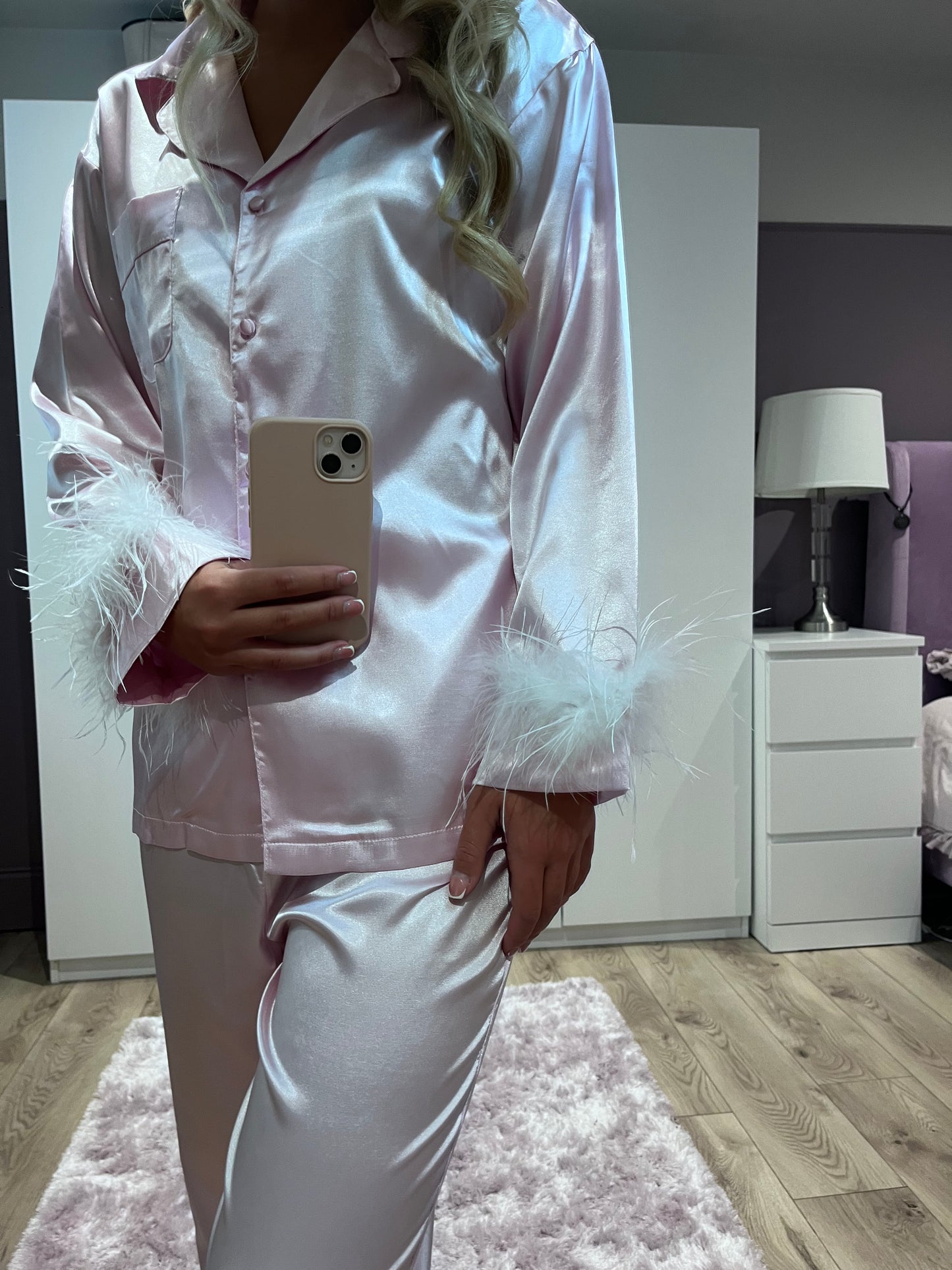 Personalised Long Sleeve Feathered Satin PJS Set