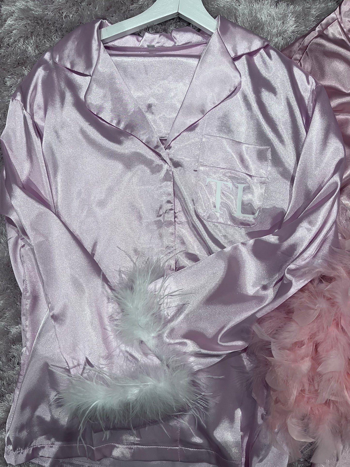 Personalised Long Sleeve Feathered Satin PJS Set