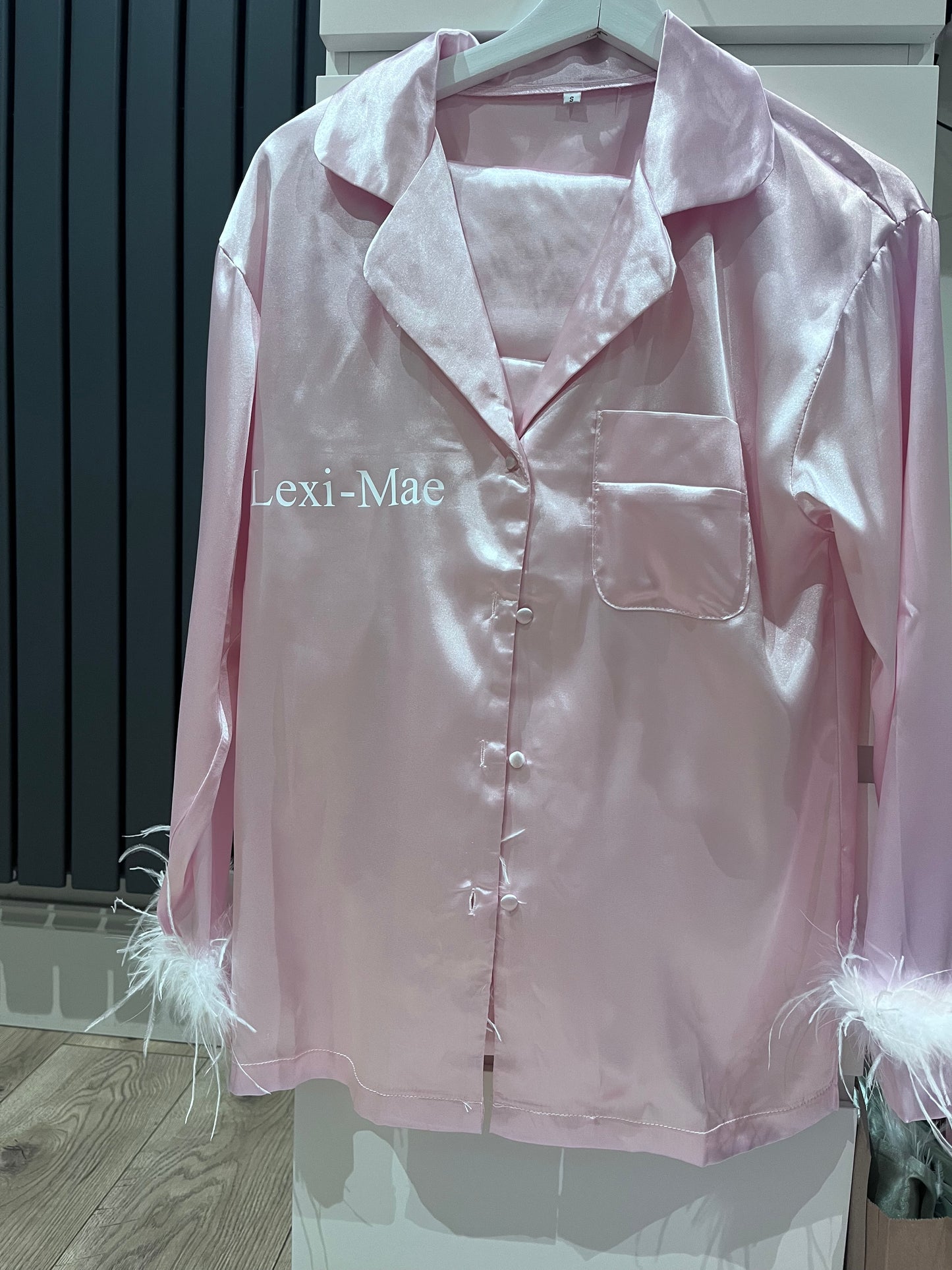 Personalised Long Sleeve Feathered Satin PJS Set