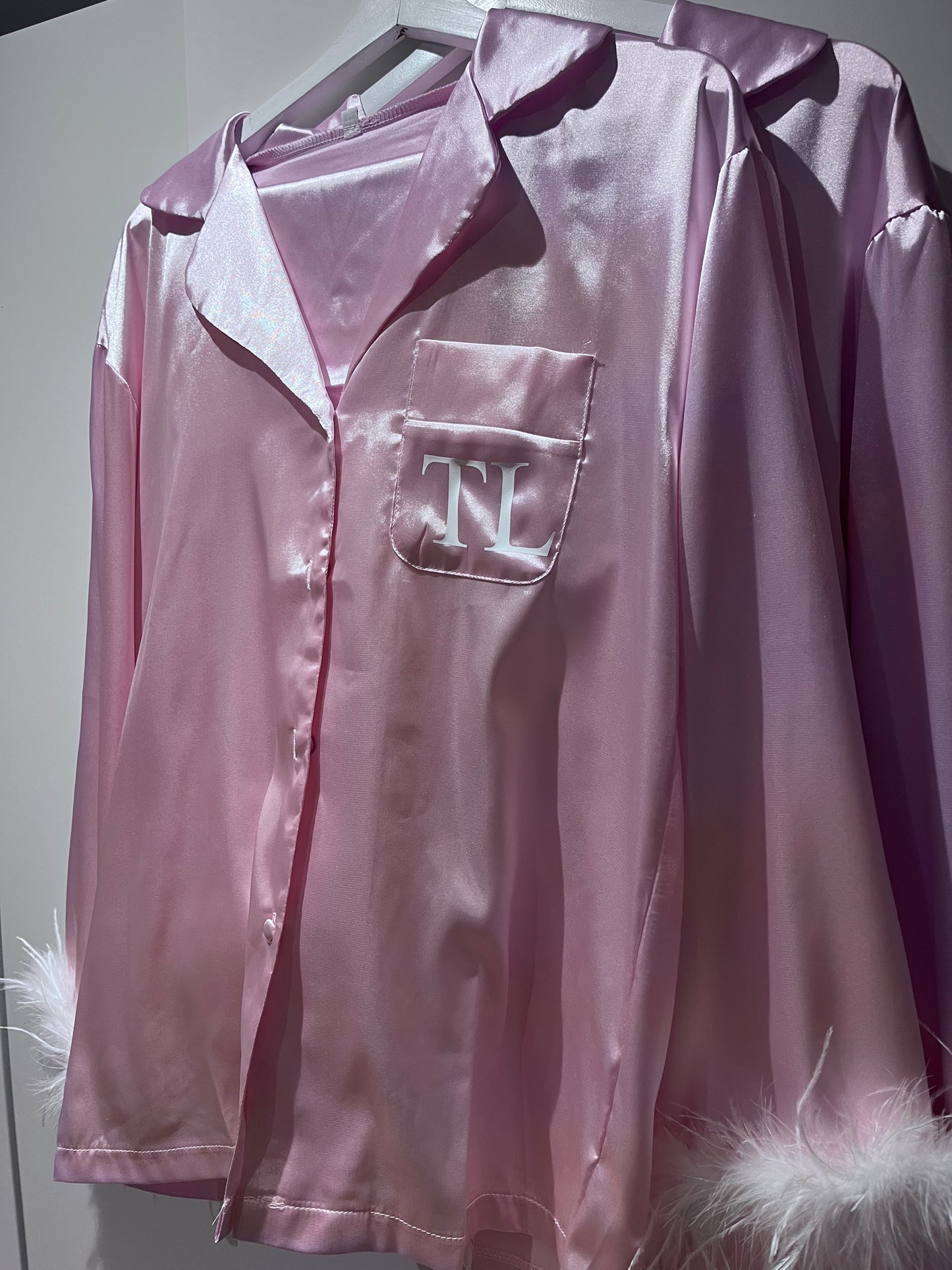 Personalised Long Sleeve Feathered Satin PJS Set