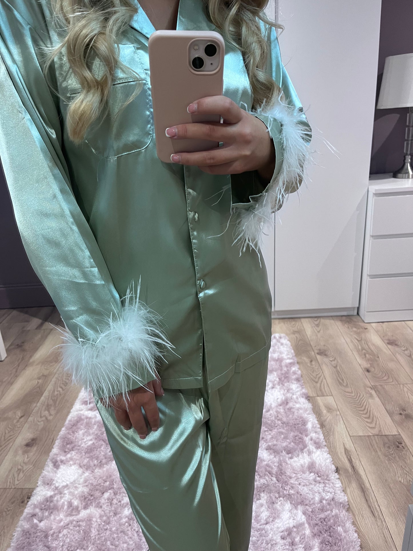 Personalised Long Sleeve Feathered Satin PJS Set