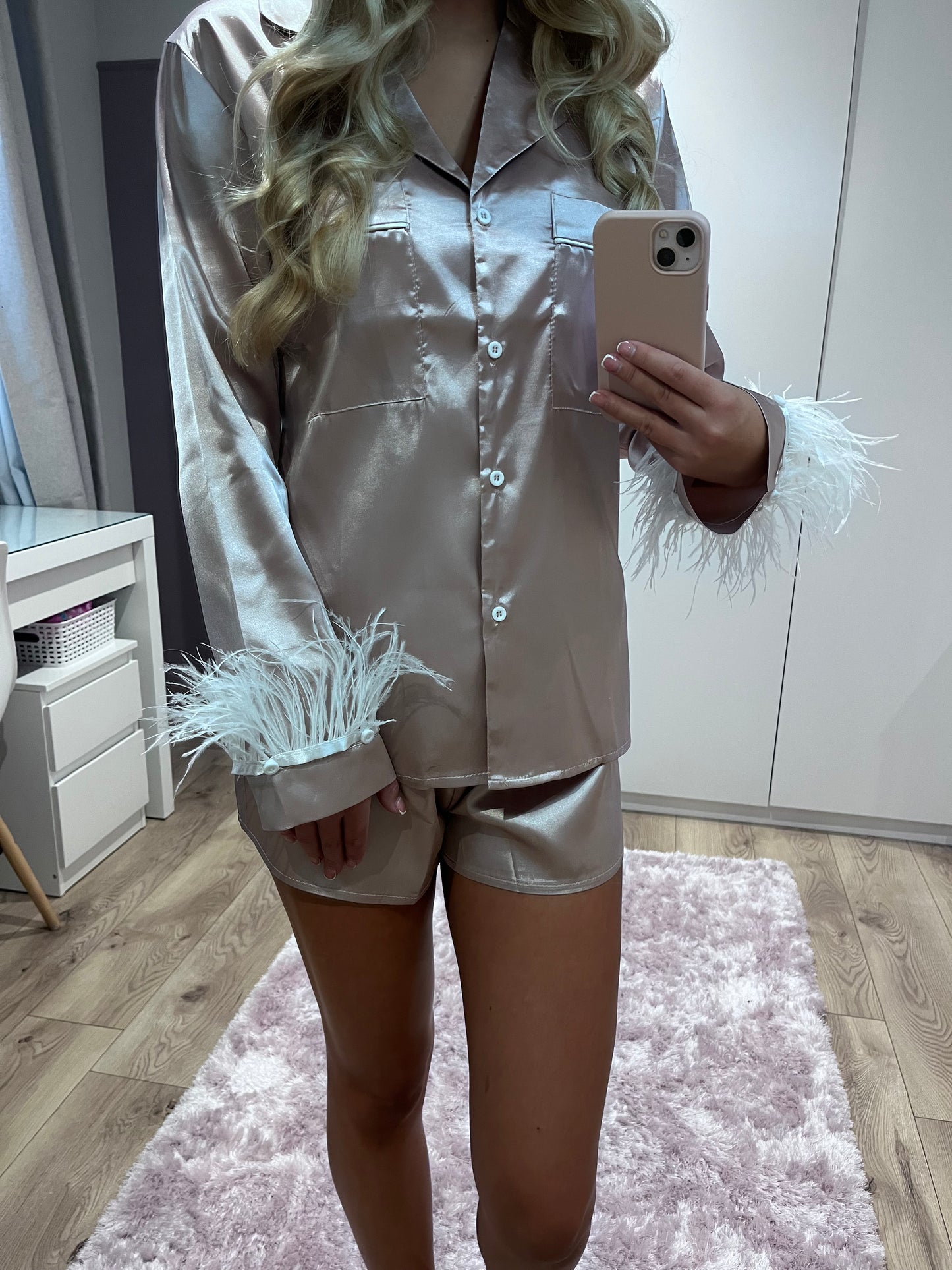 Women’s Personalised Short Satin Feather PJS set