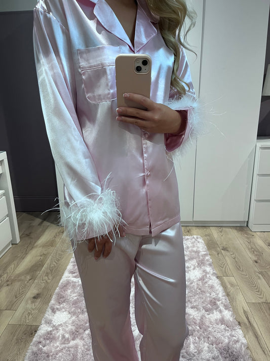 Personalised Long Sleeve Feathered Satin PJS Set